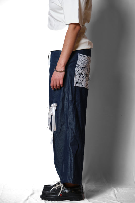 LACE DARTED INDIGO DENIM JEANS