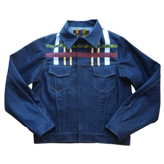 RIBBON PLAID DENIM TRUCKER JACKET - BLUE