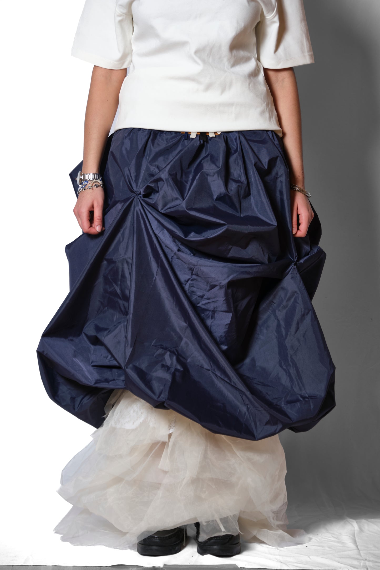 'ELDER' LAYERED NYLON GATHER SKIRT