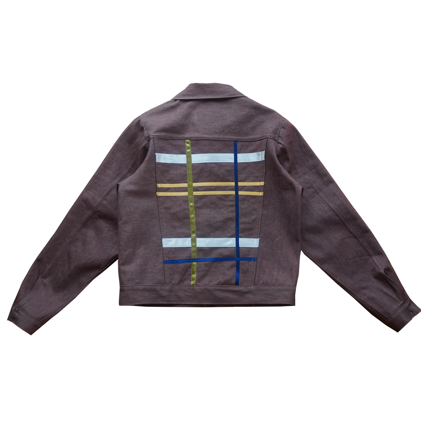 RIBBON PLAID DENIM TRUCKER JACKET - BROWN