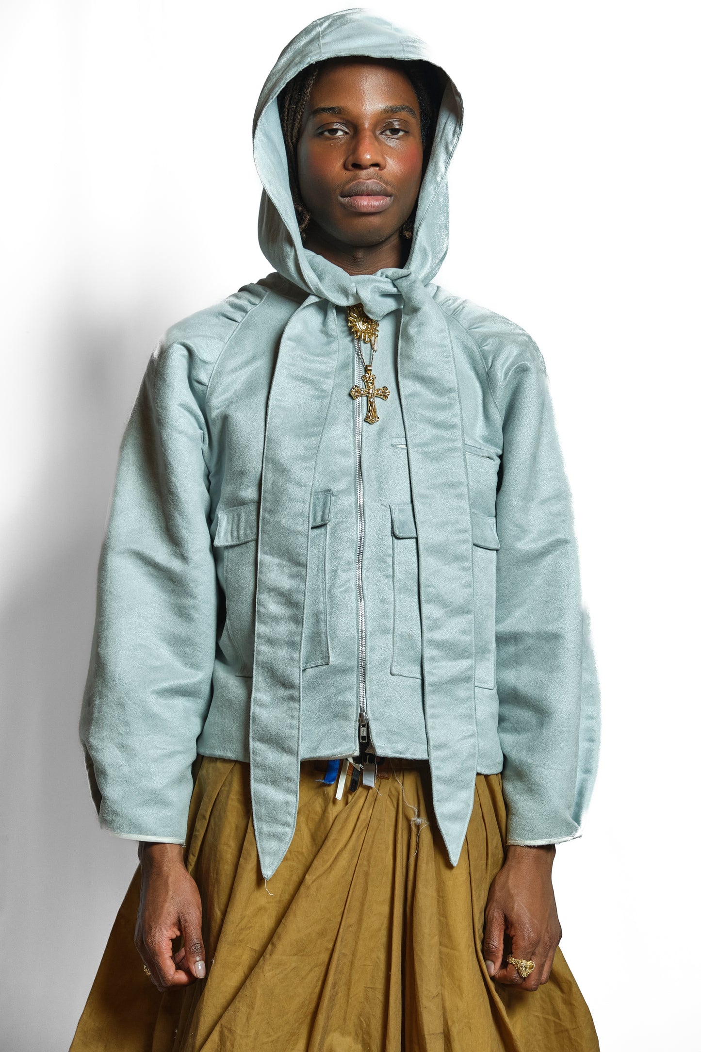 'FLOATER' FAUX SUEDE BOW HOOD JACKET